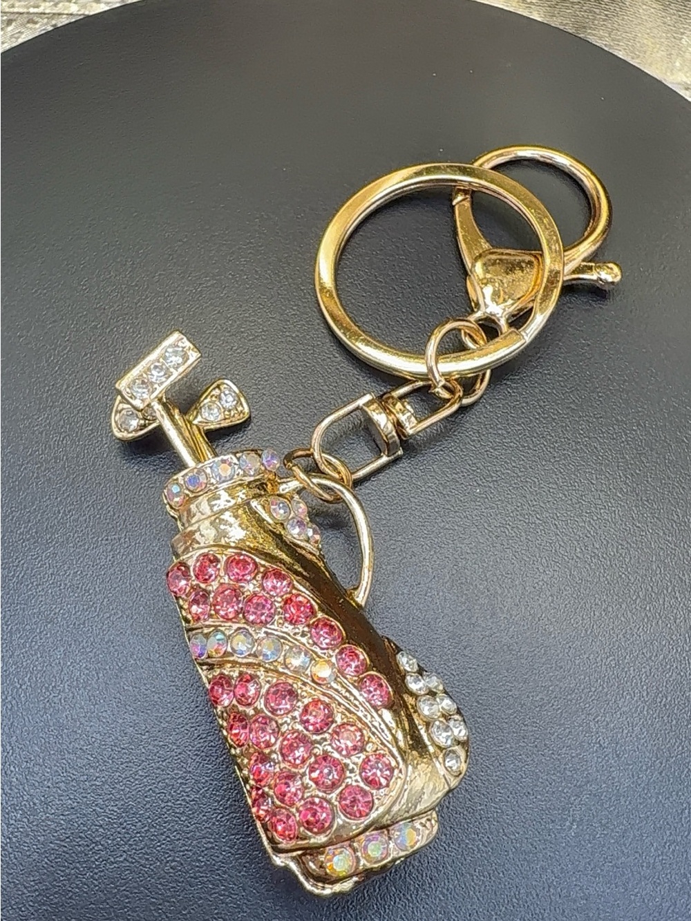 Gold-tone Rhinestone Golf Bag Keychain - Pink Accents